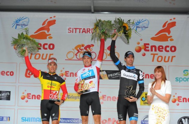 Edvald Boasson Hagen, Philippe Gilbert and David Millar on the podium. Photo Fotoreporter Sirotti.