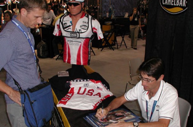 Julich working in the CamelBak booth at InterBike 2004.