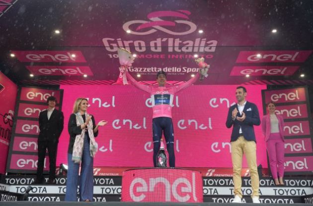 Bruno Armirail is celebrated on the Giro d'Italia podium as new race leader