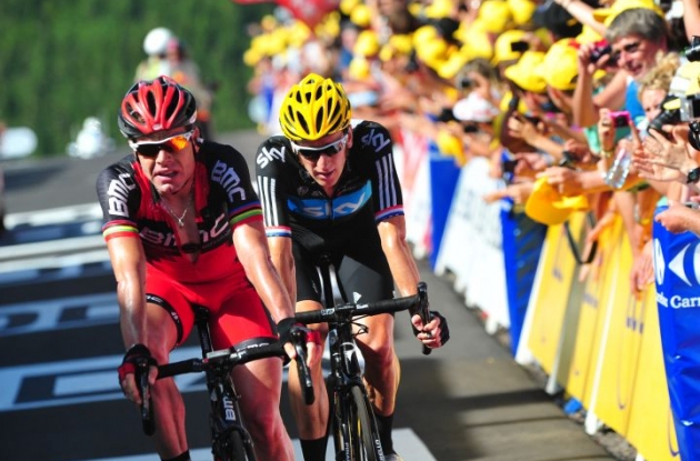 Tour de France G.C. favorites Cadel Evans and Bradley Wiggins cross the finish line. Photo Fotoreporter Sirotti.