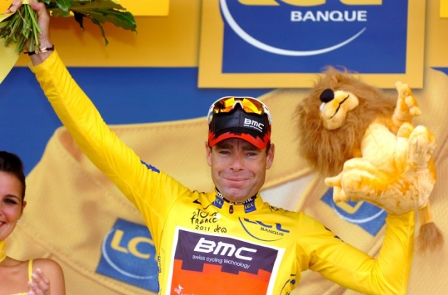 Emotional and well-deserved Tour de France winner Cadel Evans (Team BMC Racing) on the Tour podium in Grenoble. Photo Fotoreporter Sirotti.