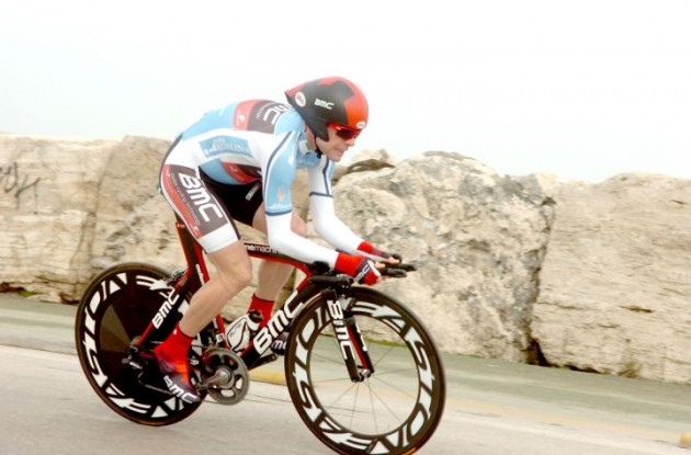 Team BMC Racing's Cadel Evans on his way to defending his lead in the 2011 Tirreno-Adriatico. Photo Fotoreporter Sirotti.