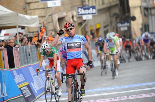 Former World Champion Cadel Evans (Team BMC Racing) powers to win in stage 6 of 2011 Tirreno-Adriatico. Photo Fotoreporter Sirotti.