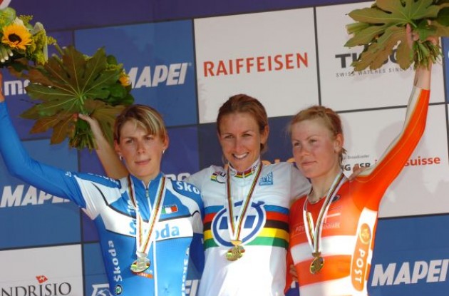 Kristin Armstrong, Noemi Cantele and Linda Villumsen on the podium in Switzerland. Photo copyright Fotoreporter Sirotti.
