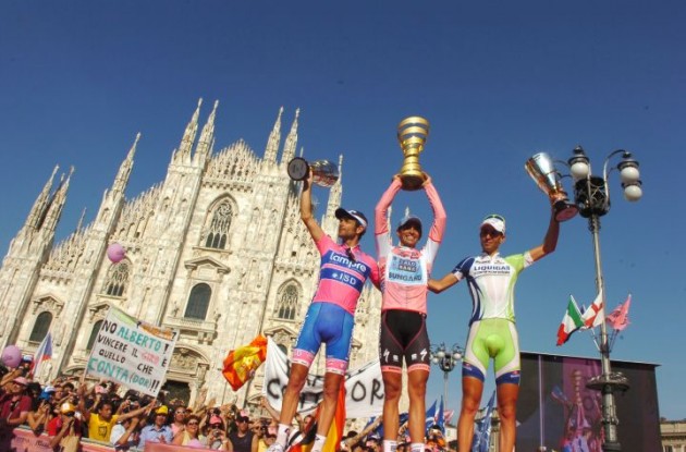 Contador, Scarponi and Nibali on the 2011 Giro d'Italia podium. Photo Fotoreporter Sirotti.