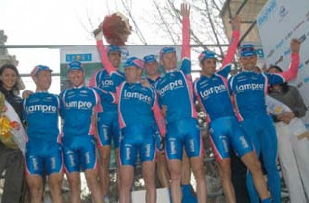 Team Lampre riders celebrate on the podium. Copyright Fotoreporter Sirotti.