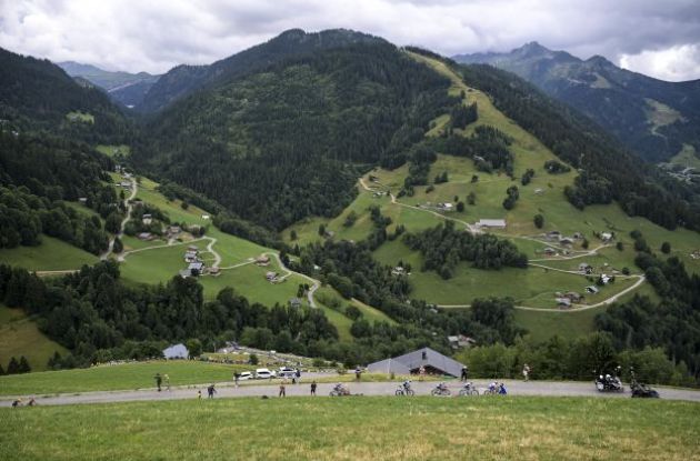 Cyclists in mountains during Tour de France