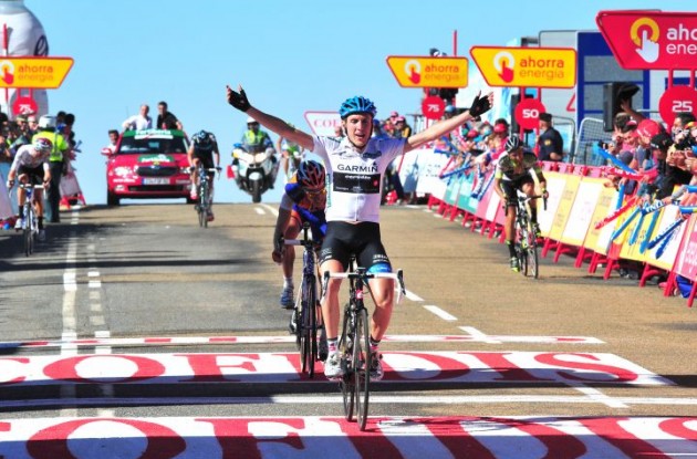 Team Garmin-CervÃ©lo's Daniel Martin is the first to cross the finish line in today's stage 9 of the 2011 Vuelta a Espana. Photo Fotoreporter Sirotti.