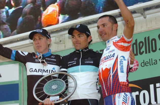 Oliver Zaugg, Daniel Martin and Joaquin Rodriguez on the podium in Lecco. Photo Fotoreporter Sirotti.