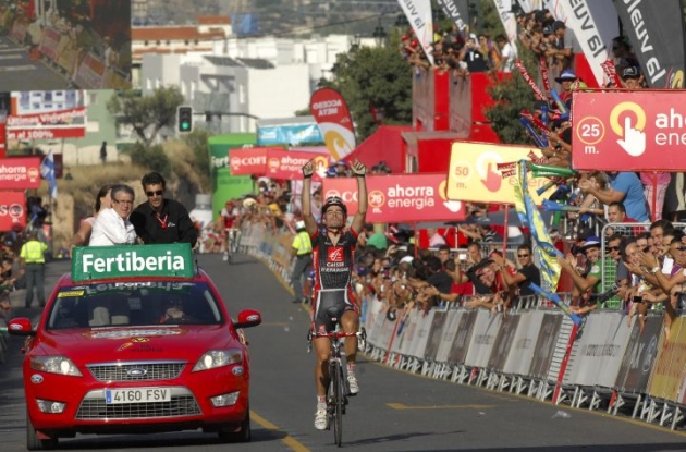David Lopez Garcia wins stage 9 of the 2010 Vuelta a Espana. Photo copyright Fotoreporter Sirotti. David Lopez Garcia wins stage 9 of the 2010 Vuelta a Espana. Photo copyright Fotoreporter Sirotti.