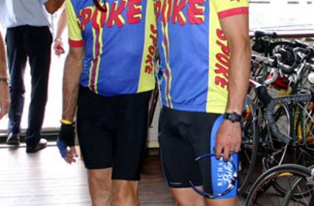 Tony and Channing in their SPOKE jerseys on the ferry in Switzerland. Photo copyright Roadcycling.com.