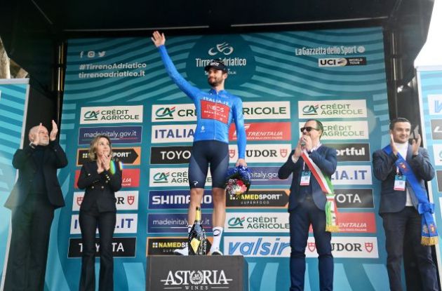 Race leader Filippo Ganna on the Tirreno-Adriatico podium