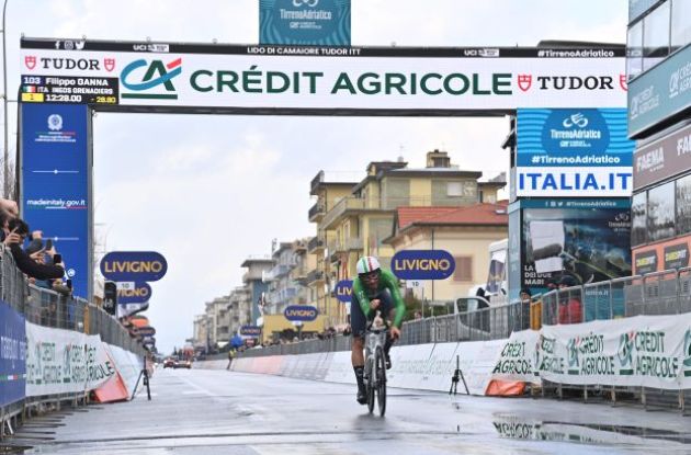 Filippo Ganna crosses the finish line in stage 1 of Tirreno-Adriatico 2023
