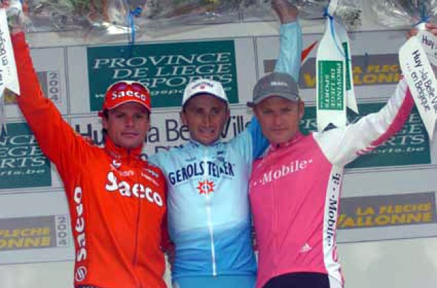The podium in Huy. From left to right Danilo Di Luca (Saeco), Davide Rebellin (Gerolsteiner) and Matthias Kessler (T-Mobile). Photo copyright Fotoreporter Sirotti.