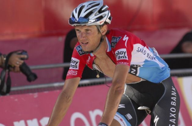 Frank Schleck arrives after an impressive and mature solo ride. No drinking and partying in sight! Photo copyright Fotoreporter Sirotti. Frank Schleck arrives after an impressive and mature solo ride. No drinking and partying in sight! Photo copyright Fotoreporter Sirotti.