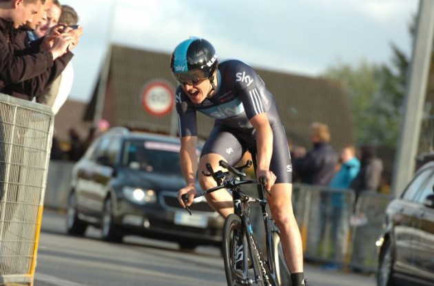Geraint Thomas (Team Sky / Great Britain) finished 9 seconds behind stage winner Phinney in today's Giro time trial. Photo Fotoreporter Sirotti.