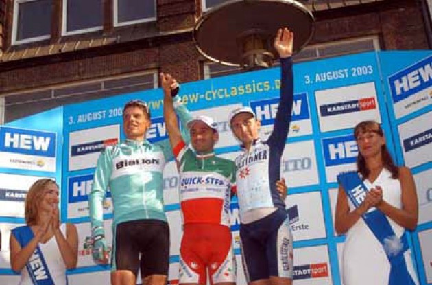 The podium in Hamburg. From left to right Ullrich, Bettini and Rebellin. Photo copyright Fotoreporter Sirotti.