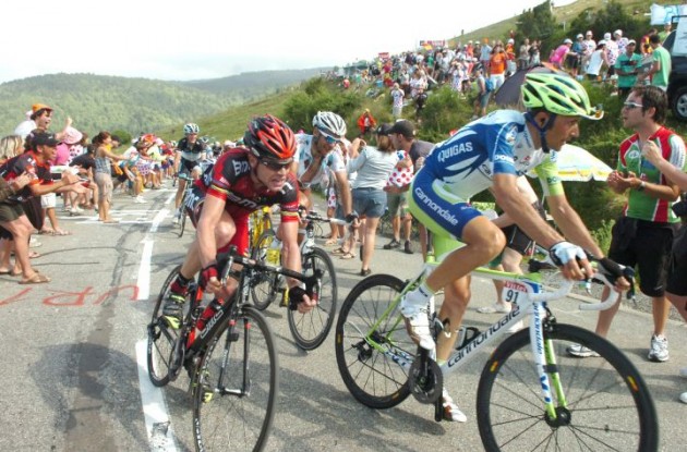Team Liquigas-Cannondale's Ivan Basso on his way towards Plateau de Beille closely tailed by Cadel Evans (Team BMC Racing). Photo Fotoreporter Sirotti.