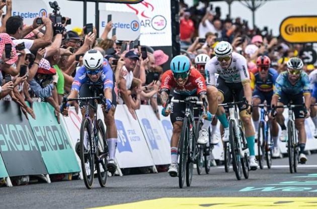 Jasper Philipsen crosses the finish line as winner of stage 4 of Tour de France 2023