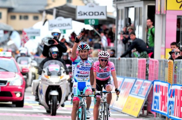 Team Androni's Jose Rujano climbs to stage 13 victory in 2011 Giro d'Italia closely tailed by 
Alberto Contador who significantly increases his overall Giro d'Italia lead. Photo Fotoreporter Sirotti. Team Androni's Jose Rujano climbs to stage 13 victory in 2011 Giro d'Italia closely tailed by 
Alberto Contador who significantly increases his overall Giro d'Italia lead. Photo Fotoreporter Sirotti.