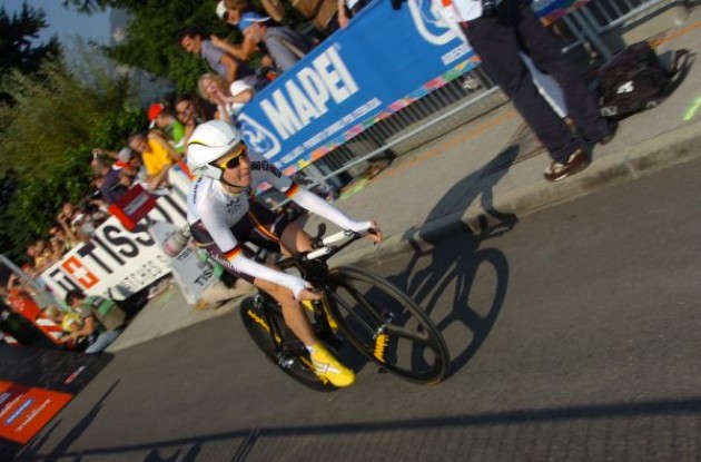 Germany's Judith Arndt starts her time trial. Photo copyright Fotoreporter Sirotti.