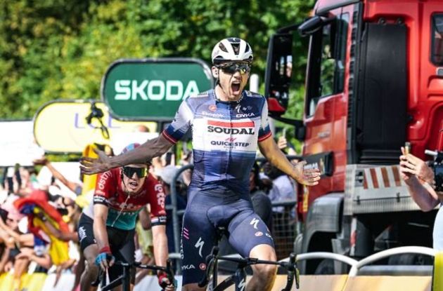 Kasper Asgreen crosses the finish line as winner of stage 18 at Tour de France 2023