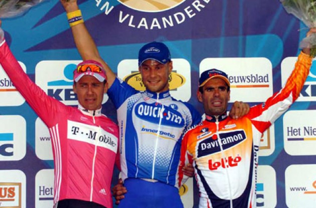 Boonen, Klier, and Van Petegem on the podium. Photo copyright Fotoreporter Sirotti.