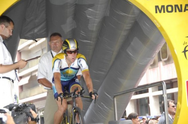 Lance Armstrong (Team Astana) on the start ramp in Monaco. Photo copyright Fotoreporter Sirotti. Lance Armstrong (Team Astana) on the start ramp in Monaco. Photo copyright Fotoreporter Sirotti.