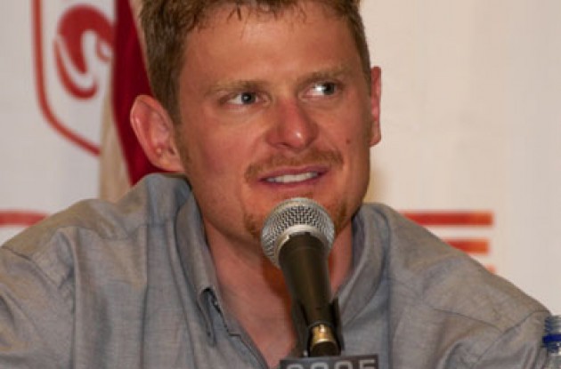 A happy Floyd Landis (Team Phonak Hearing Systems) at the press conference. Not wearing cool glasses in this shot though. Photo copyright Ben Ross/Roadcycling.com.