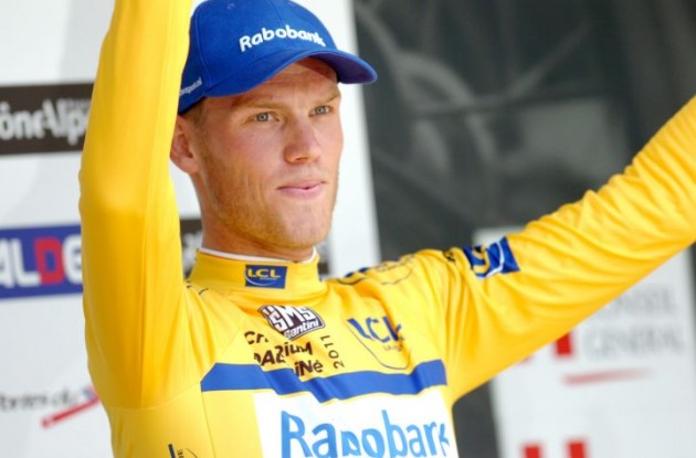 Lars Boom celebrates his Criterium du Dauphine 2011 lead. Photo Fotoreporter Sirotti. Lars Boom celebrates his Criterium du Dauphine 2011 lead. Photo Fotoreporter Sirotti.
