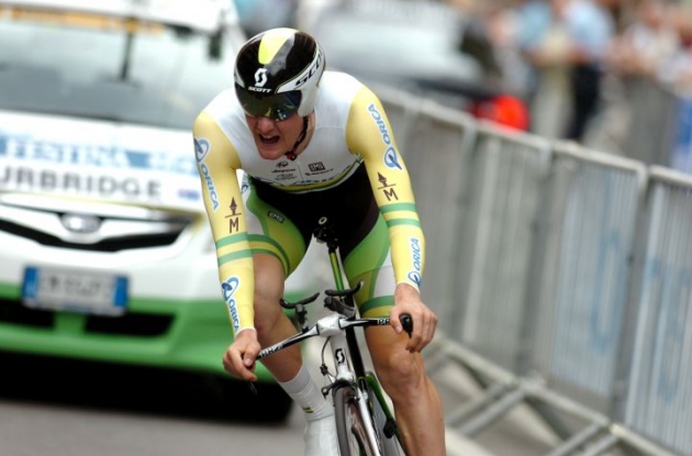 Luke Durbridge on his way to victory in the 2012 Criterium du Dauphine Libere prologue in Grenoble, France. Photo Fotoreporter Sirotti. Luke Durbridge on his way to victory in the 2012 Criterium du Dauphine Libere prologue in Grenoble, France. Photo Fotoreporter Sirotti.