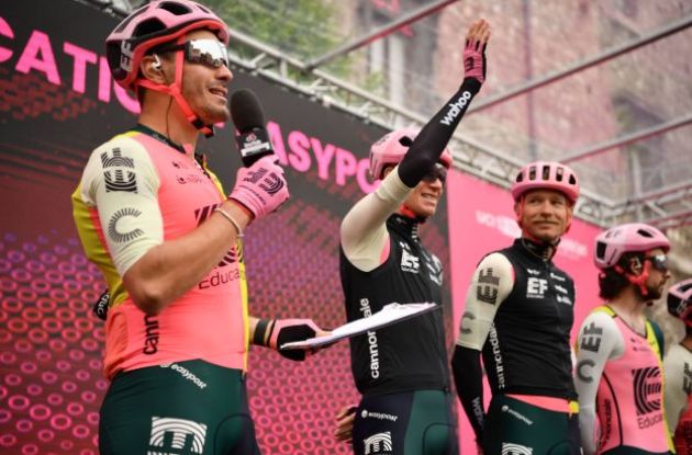 Magnus Cort and Ben Healy on the Giro d'Italia stage 8 start podium