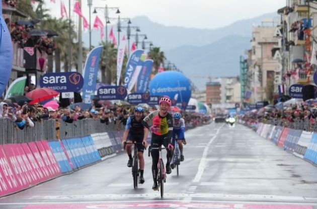 Magnus Cort crosses the finish line as winner of stage 10 of Giro d'Italia 2023
