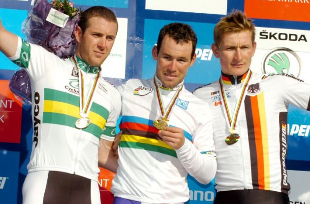 Mark Cavendish, Matthew Goss and AndrÃ© Greipel on the podium near Copenhagen, Denmark. Photo Fotoreporter Sirotti.