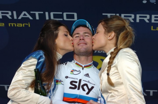 Mark Cavendish glowing on the podium. Good luck in Spain Fantastic Mr. Fox. Photo copyright Fotoreporter Sirotti. Mark Cavendish glowing on the podium. Good luck in Spain Fantastic Mr. Fox. Photo copyright Fotoreporter Sirotti.