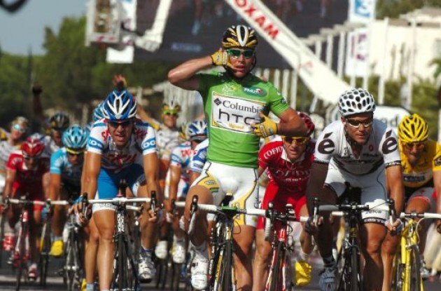 Mark Cavendish wins stage 3 of Tour de France 2009. Photo copyright Fotoreporter Sirotti. Mark Cavendish wins stage 3 of Tour de France 2009. Photo copyright Fotoreporter Sirotti.
