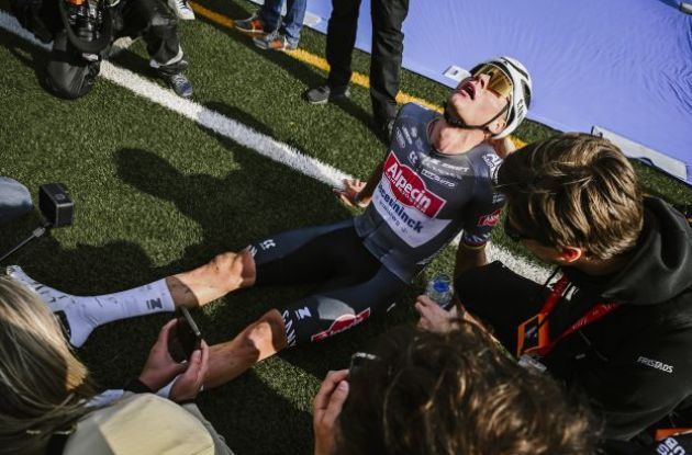 | A.S.O. Mathieu van der Poel exhausted in the finish zone of Paris-Roubaix