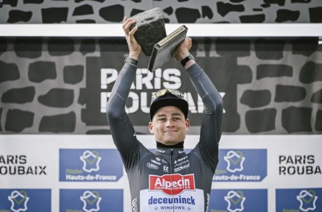 Mathieu van der Poel on the podium | A.S.O. Mathieu van der Poel with winner trophy on the Paris-Roubaix podium
