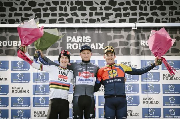 Mathieu van der Poel, Tadej Pogacar and Mads Pedersen on the Paris-Roubaix podium | A.S.O. Mathieu van der Poel Tadej Pogacar Mads Pedersen on Paris-Roubaix podium