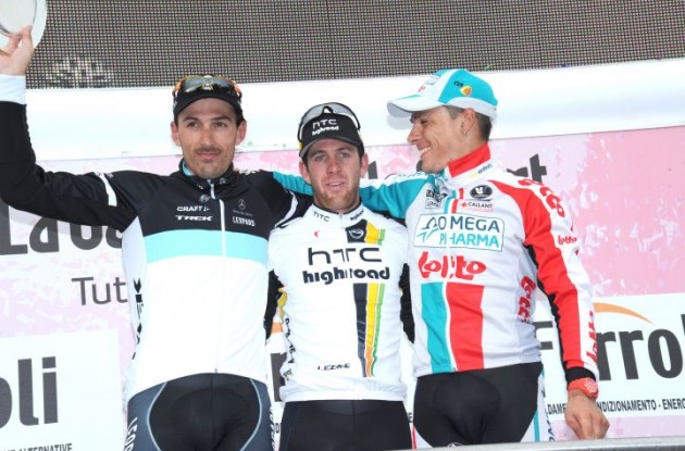 Matthew Goss (Team HTC-HighRoad), Fabian Cancellara (Team Leopard-Trek) and Philippe Gilbert (Team Omega Pharma-Lotto) on the podium in San Remo earlier today. Photo Fotoreporter Sirotti.