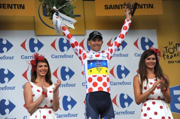 Team Saxo Bank-Tinkoff Bank's Michael MÃ¸rkÃ¸v leads the climber classification of the 2012 Tour de France. Photo Fotoreporter Sirotti.