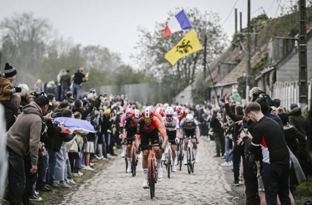 | A.S.O. cyclists on the cobbles in Paris-Roubaix