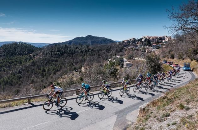 pro cyclists riding in southern France during stage 7 of Paris-Nice 2023