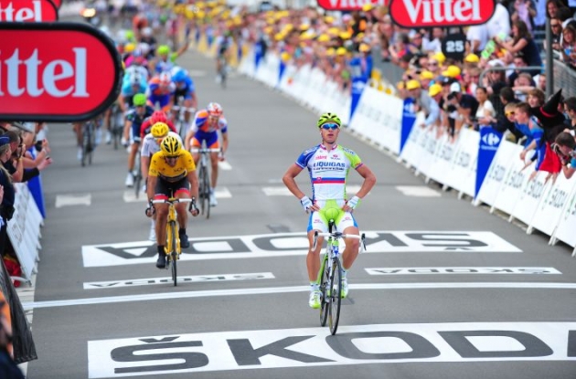 Team Liquigas-Cannondale's Peter Sagan wins stage 1 of 2012 Tour de France. Photo Fotoreporter Sirotti.