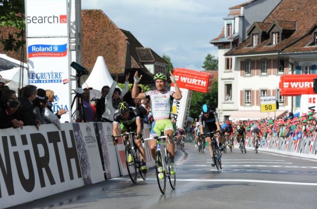 Team Liquigas-Cannondale's Peter Sagan powers to sprint victory in stage 3 of 2012 Tour of Switzerland. Photo Fotoreporter Sirotti. Team Liquigas-Cannondale's Peter Sagan powers to sprint victory in stage 3 of 2012 Tour of Switzerland. Photo Fotoreporter Sirotti.