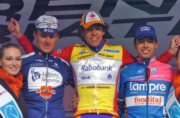 Thomas Dekker on the Tirreno-Adriatico podium. Photo copyright Fotoreporter Sirotti. Thomas Dekker on the Tirreno-Adriatico podium. Photo copyright Fotoreporter Sirotti.