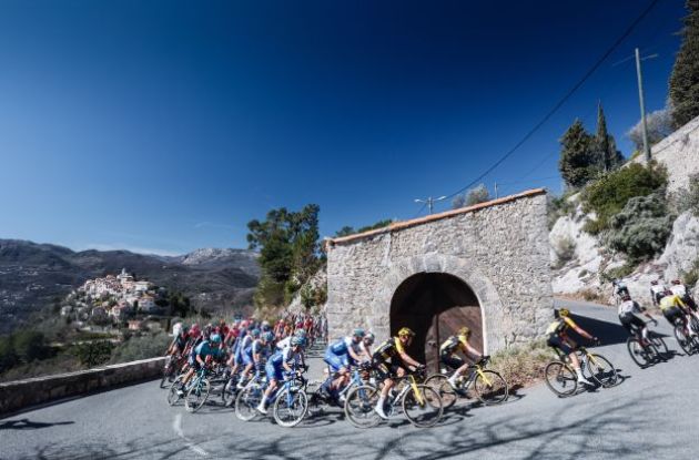 pro cyclists climbing in stage 8 of Paris-Nice cycling race