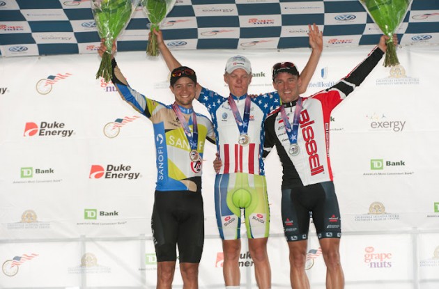 Duggan, Reijnen and Pipp on the podium in Greenville, South Carolina. Photo Casey Gibson / USA Cycling