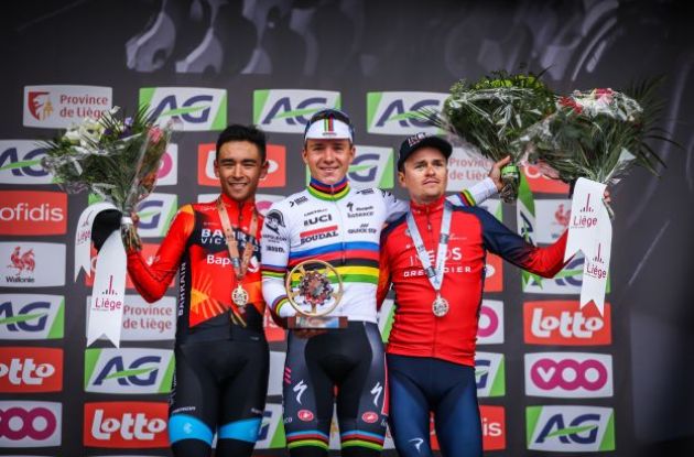 Remco Evenepoel Santiago Buitrago and Thomas Pidcock on the Liege-Bastogne-Liege podium | A.S.O. Remco Evenepoel Santiago Buitrago and Thomas Pidcock on the Liege-Bastogne-Liege podium