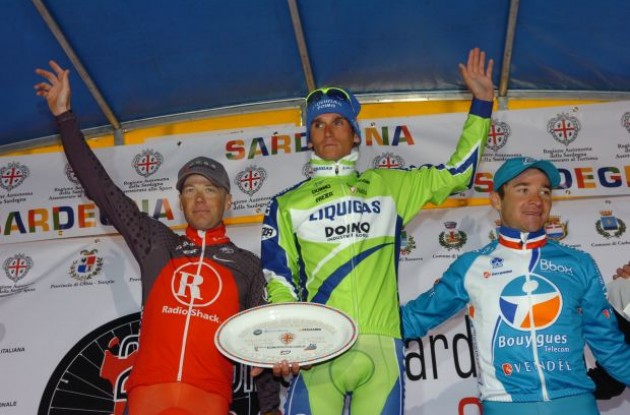 Chris Horner, Roman Kreuziger and Thomas Voeckler on the podium. Photo copyright Fotoreporter Sirotti.